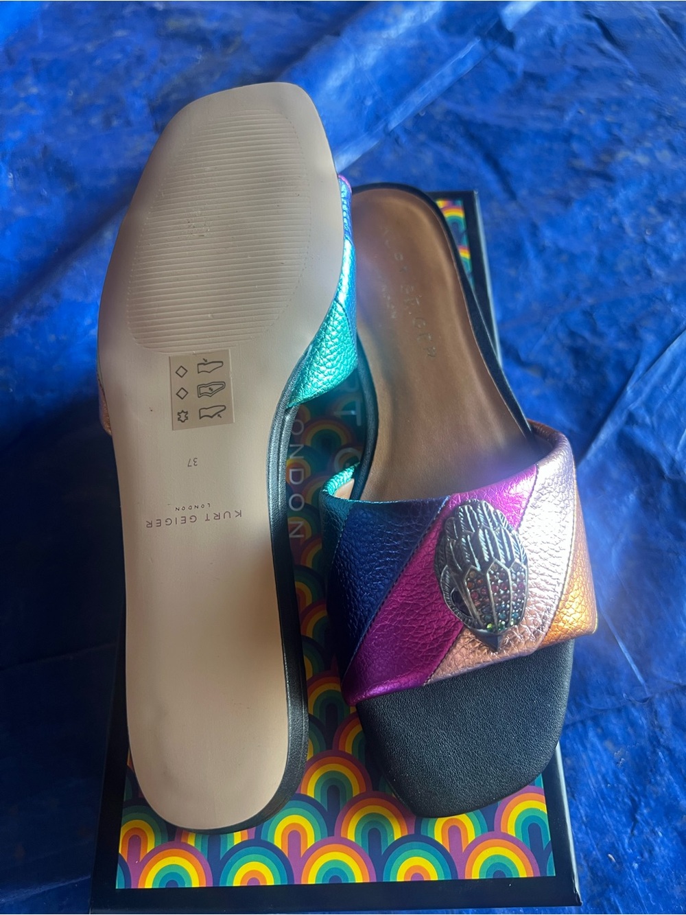 Kurt Geiger Iridescent Blue Pink Bronze Slide Mules - Picture 3 of 3